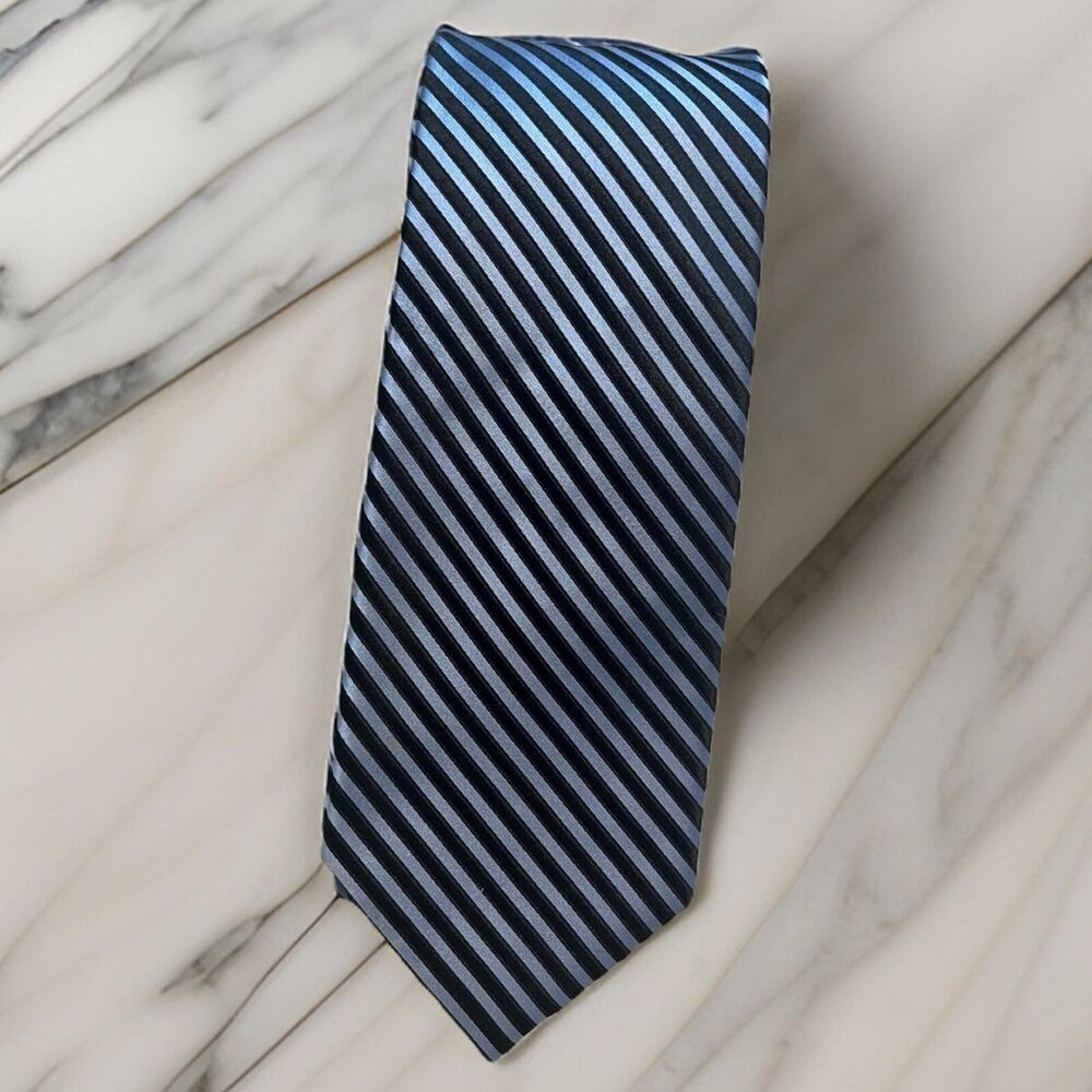 Haines & Bonner Of London Diagonal Striped Silk Neck Tie Black Blue 100% Silk